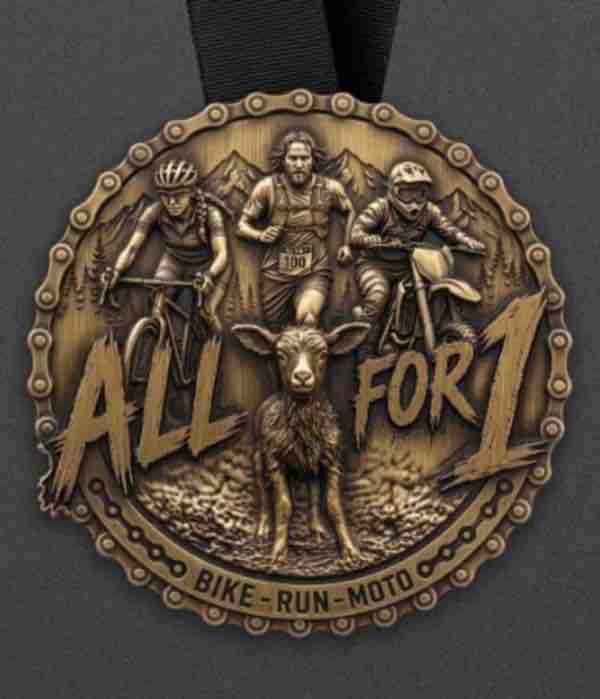 The All For 1 finisher medal — bike, run and moto riders above a goat, ringed by a bike chain